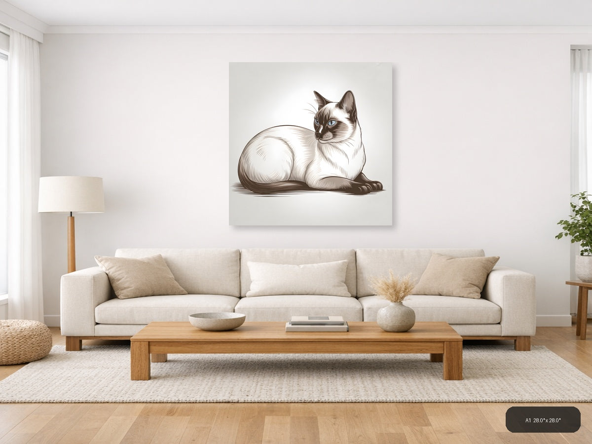 Siamese Cat Blue Eyes Line Art Wall Art — A1 / Living Room