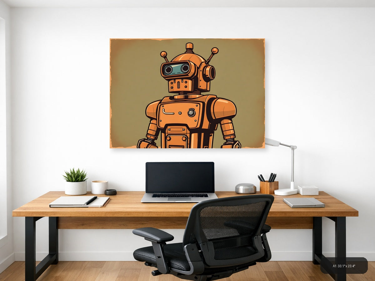 Vintage Orange Robot Retro Sci-Fi Wall Art — A1 / Office