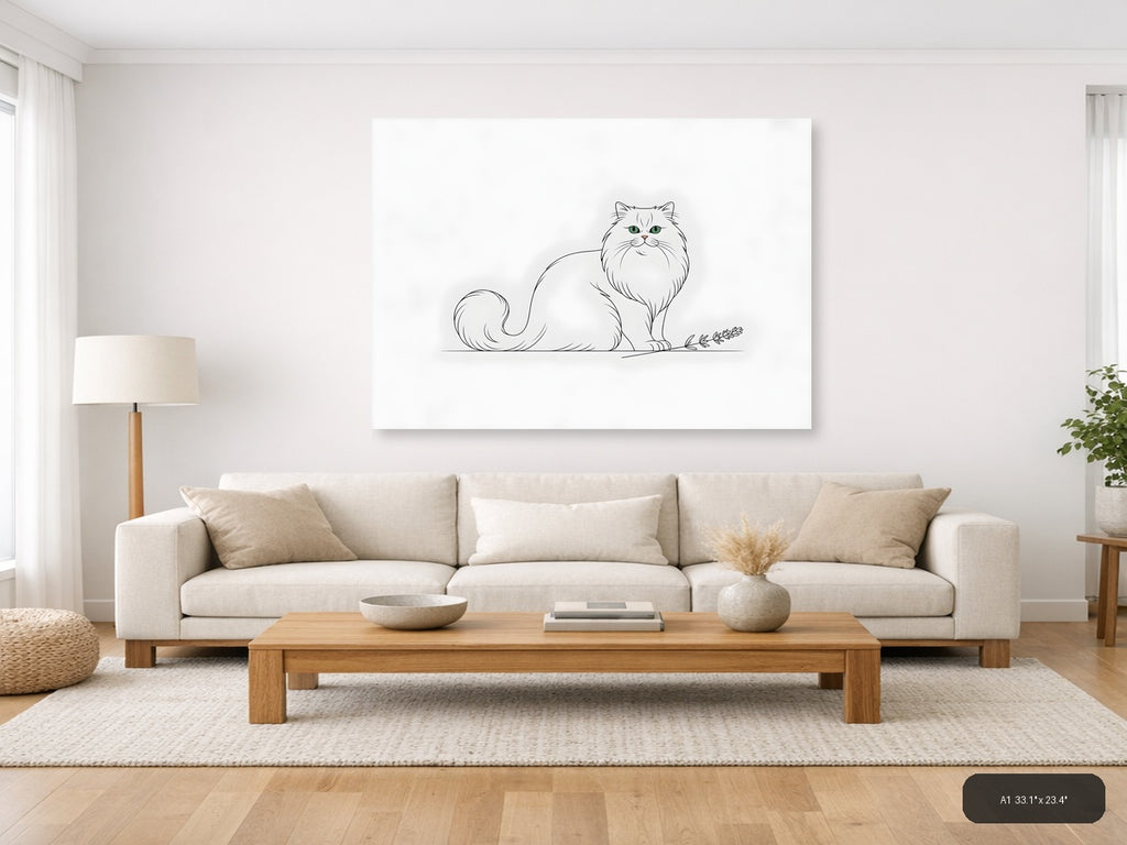 Fluffy White Cat Minimalist Line Drawing Wall Art — A1 / Living Room