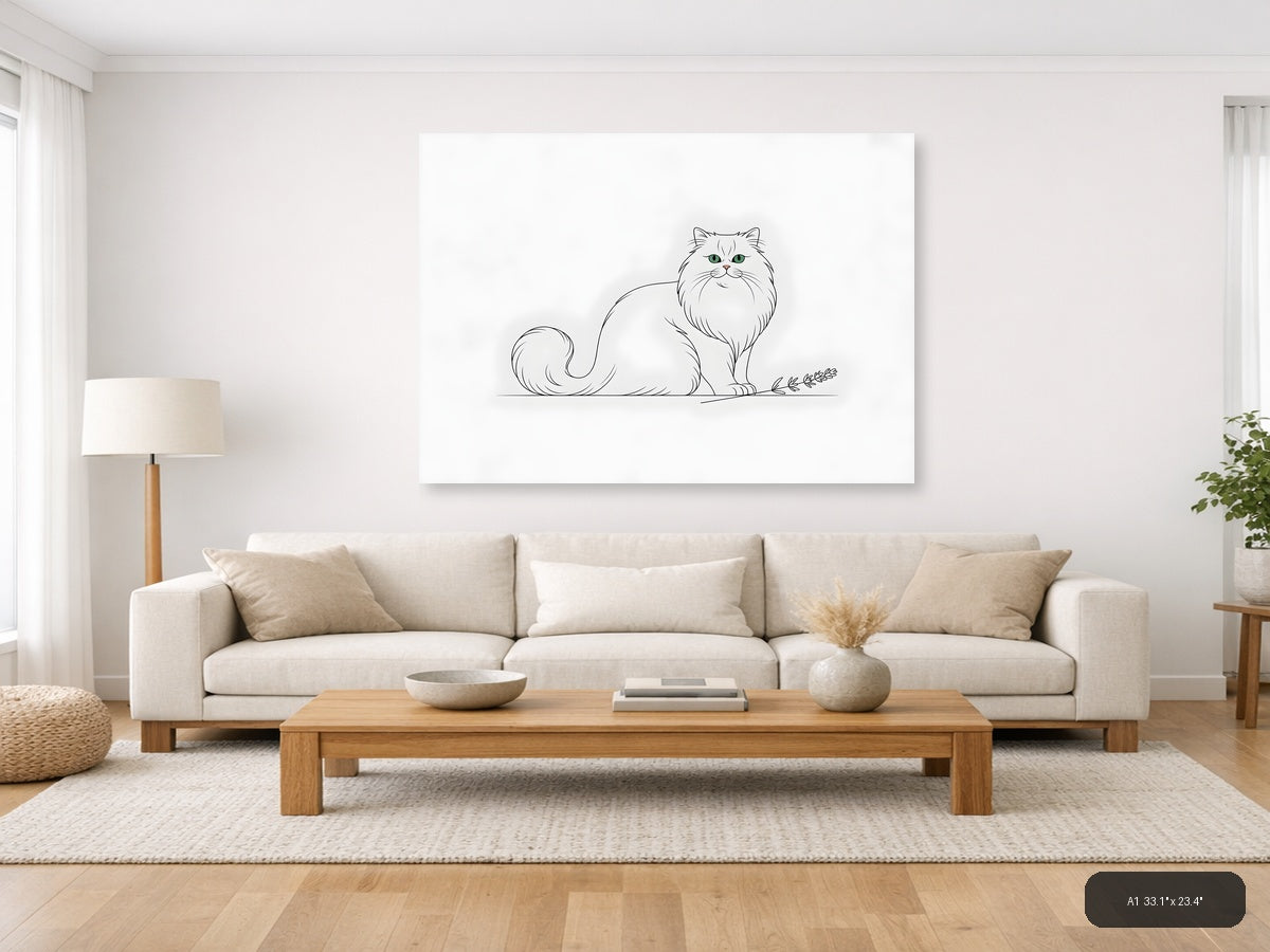 Fluffy White Cat Minimalist Line Drawing Wall Art — A1 / Living Room