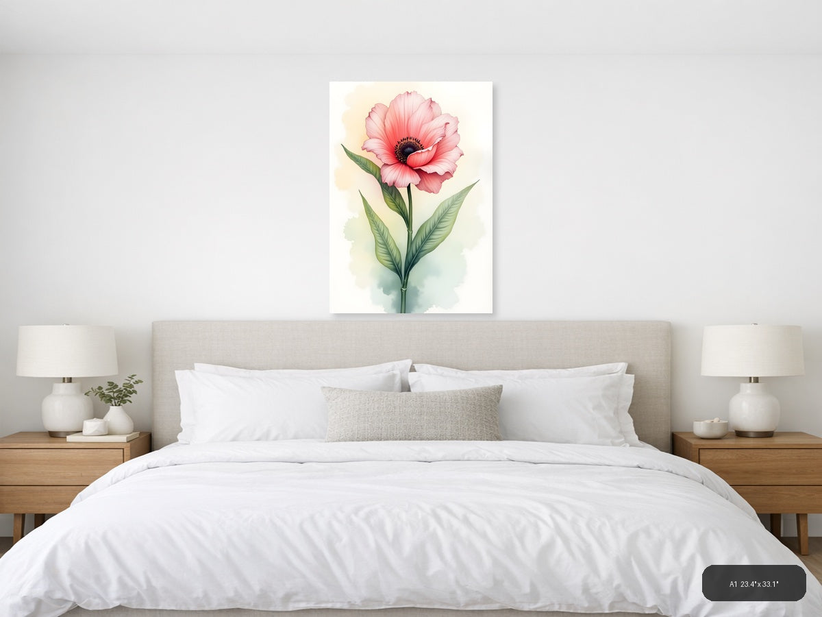 Pink Gerbera Flower Watercolor Portrait Wall Art — A1 / Bedroom