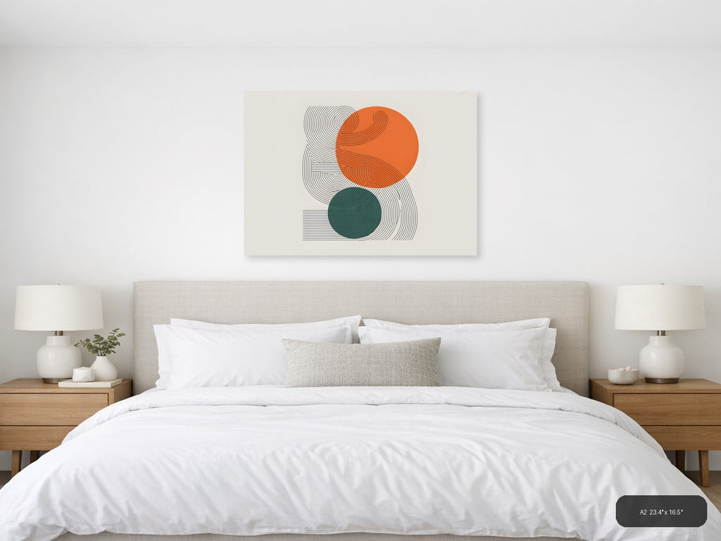Abstract Line Art with Orange and Teal Circles Wall Art — A2 / Bedroom