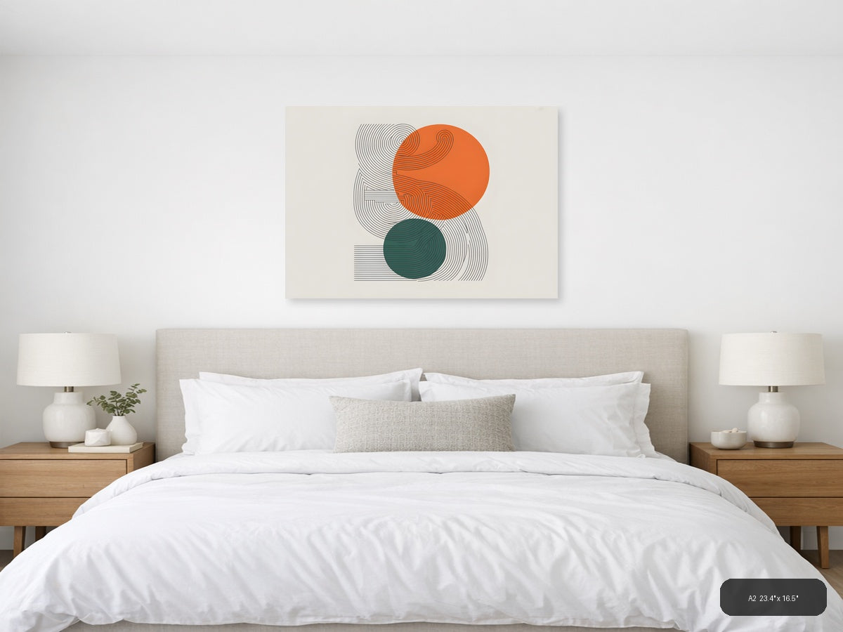 Abstract Line Art with Orange and Teal Circles Wall Art — A2 / Bedroom