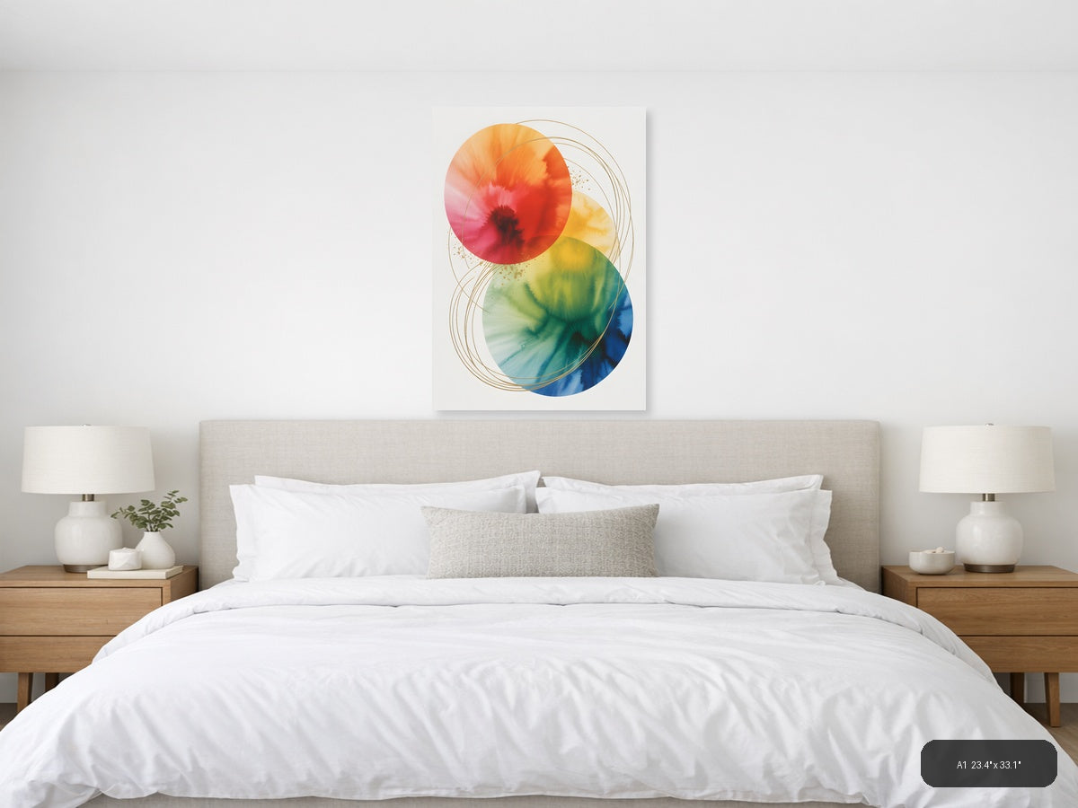 Rainbow Watercolor Circles with Gold Lines Wall Art — A1 / Bedroom