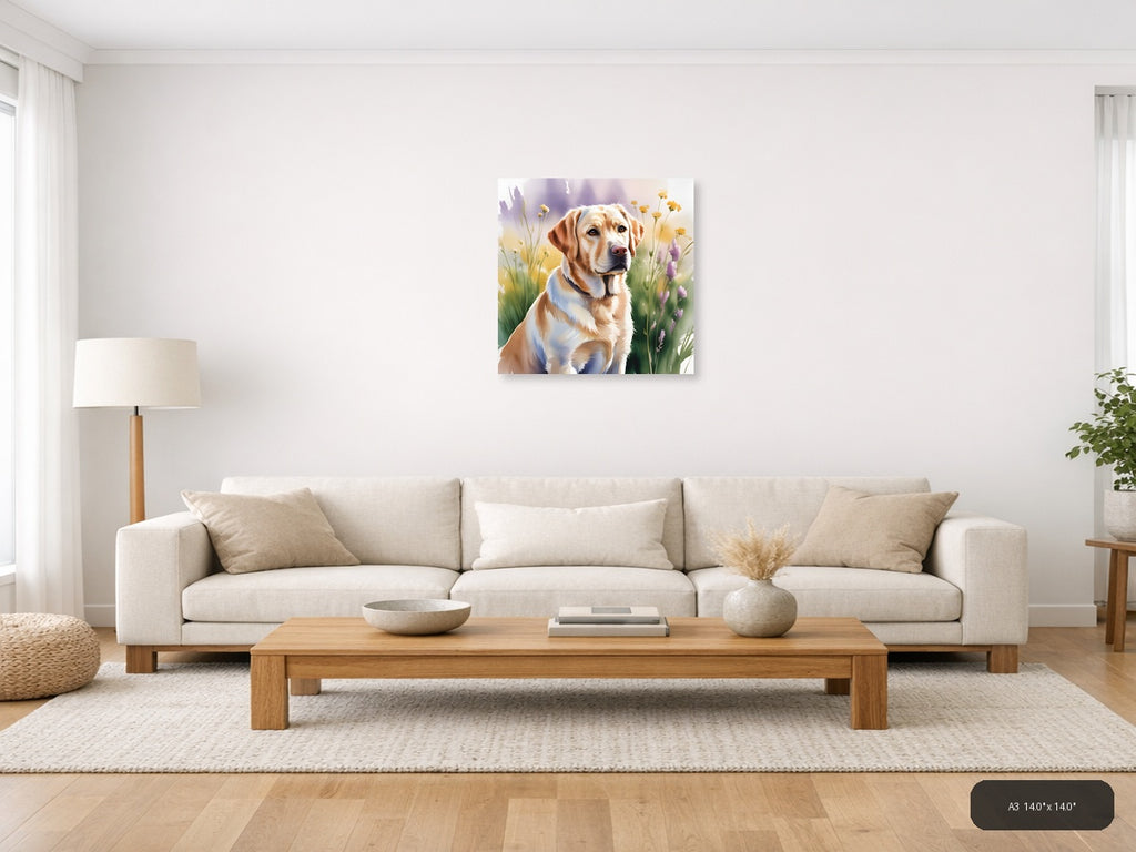 Brown and White Dog with Wildflowers Watercolor Wall Art — A3 / Living Room