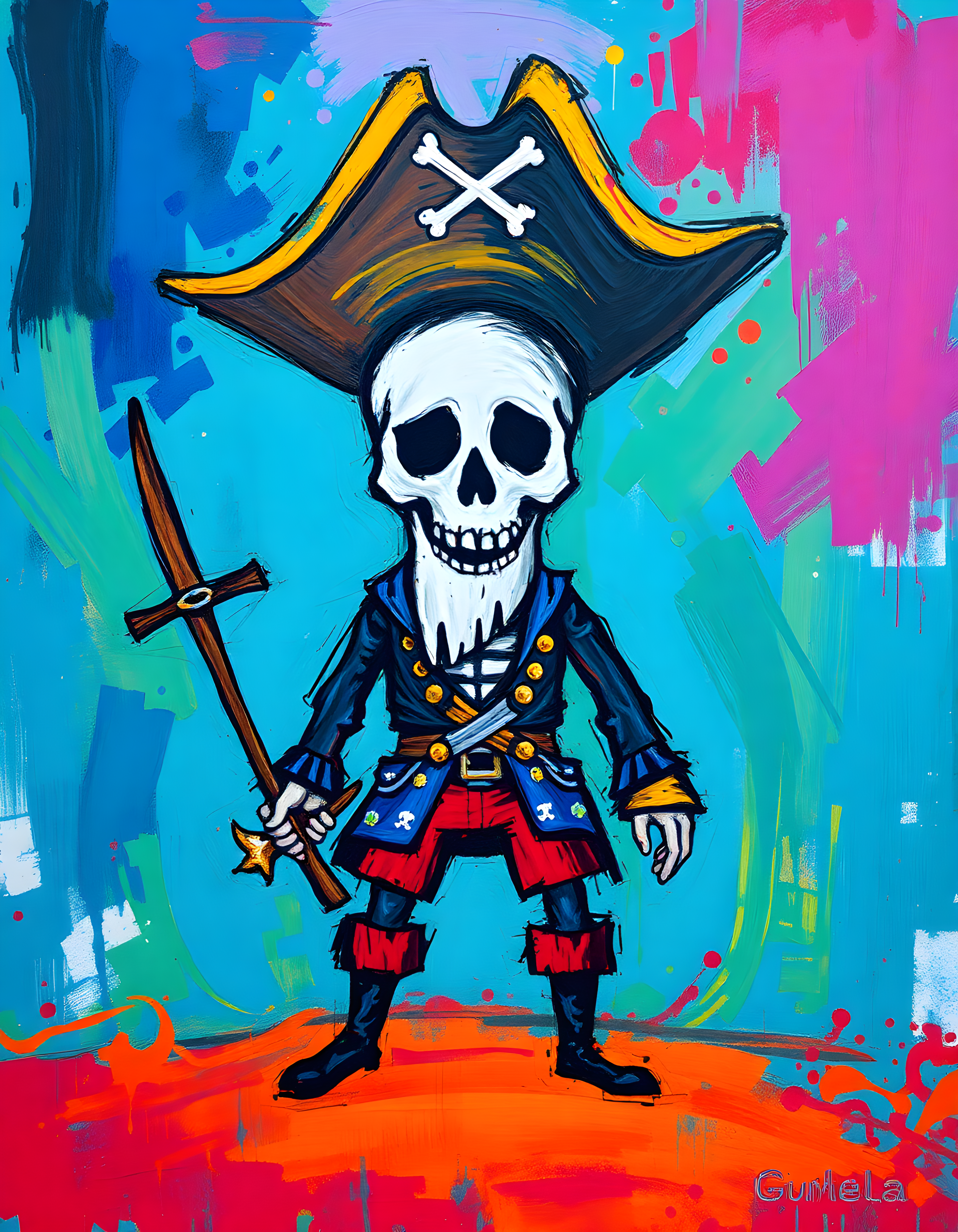Pirate Skull Captain Abstract Colorful Wall Art