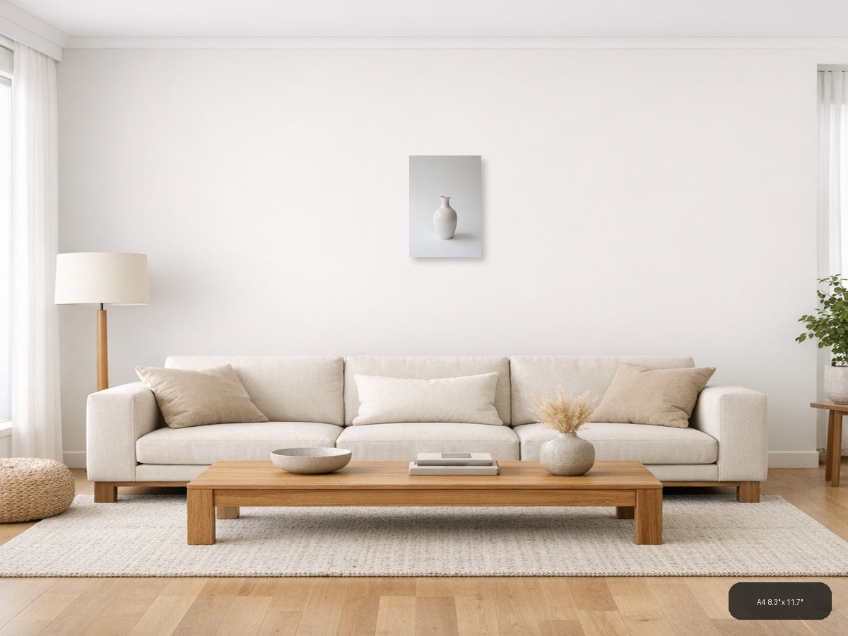 Minimalist White Ceramic Vase on Gray Wall Art — A4 / Living Room