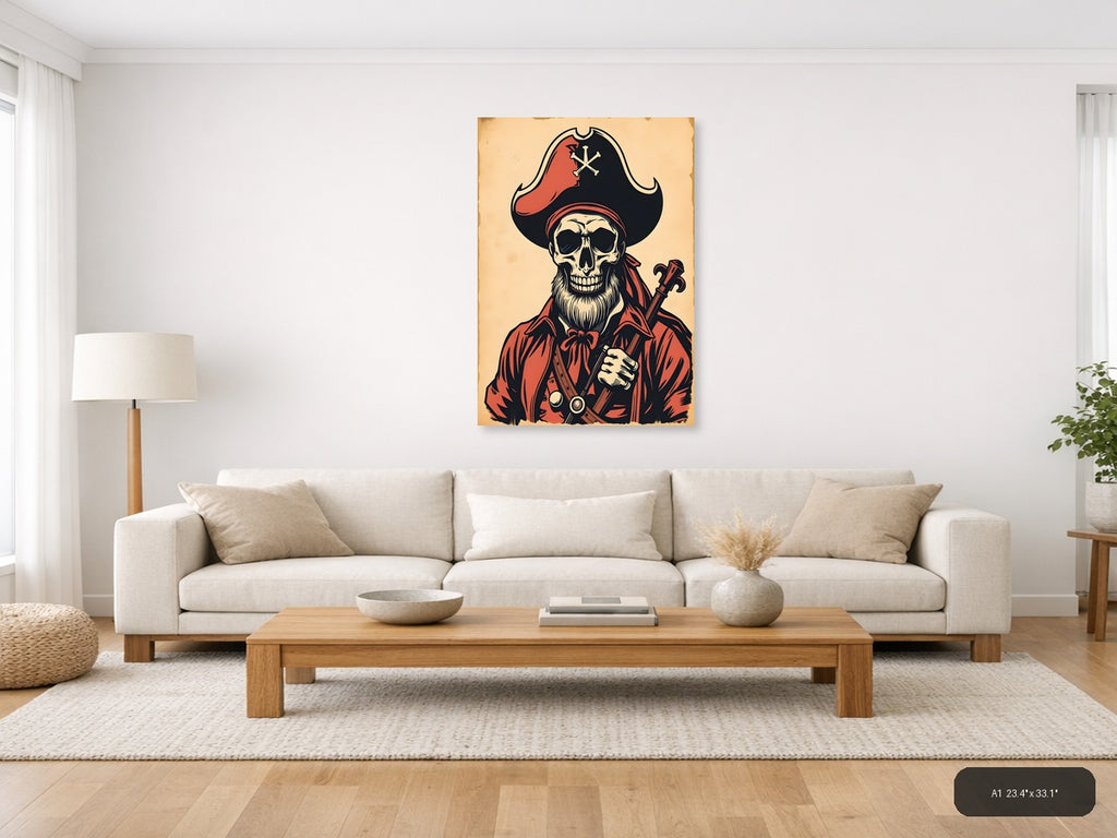 Vintage Pirate Skull Crossbones Red Black Wall Art — A1 / Living Room