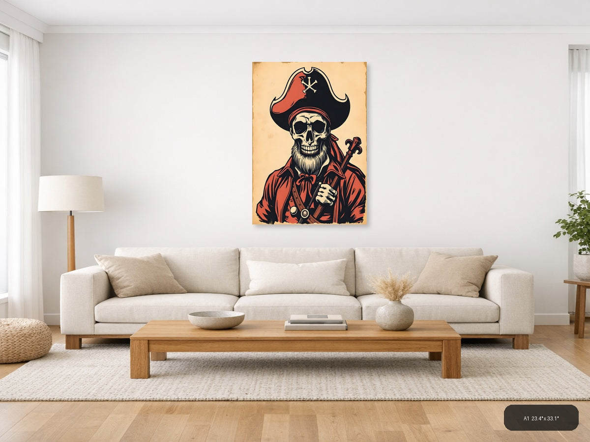 Vintage Pirate Skull Crossbones Red Black Wall Art — A1 / Living Room