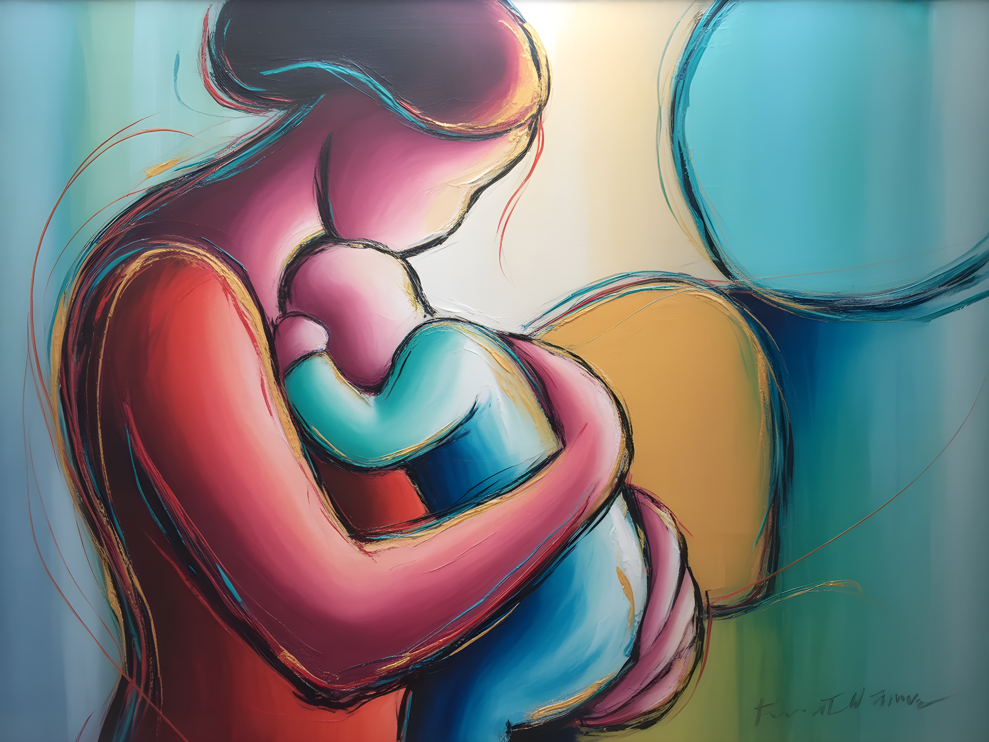Colorful Abstract Mother and Child Embrace Wall Art
