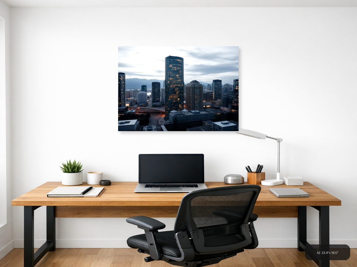 Urban Skyline at Dusk with Glowing Windows | Modern City Wall Art — A2 (Office)