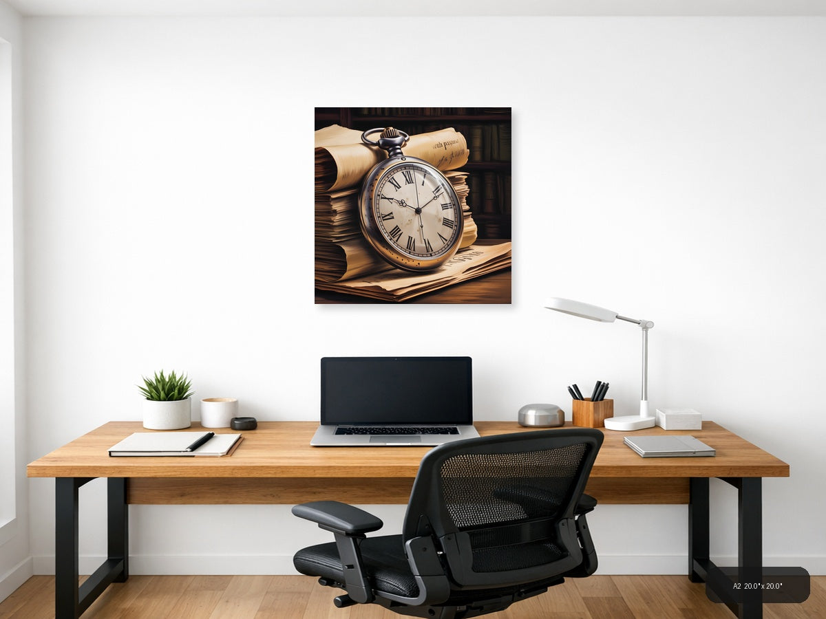 Vintage Pocket Watch & Books Stack Wall Art — A2 / Office