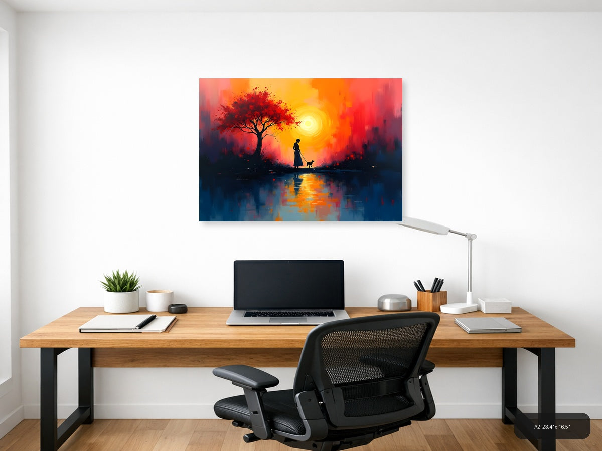 Sunset Woman with Dog & Red Tree Abstract Wall Art — A2 / Office