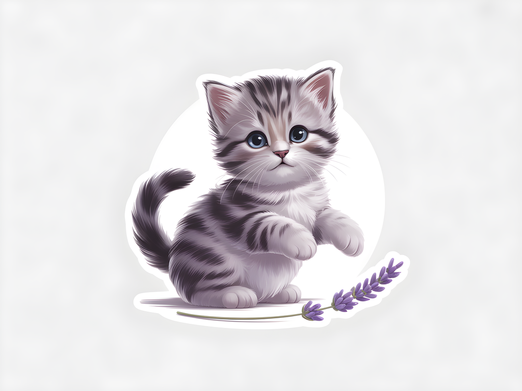 Cute Gray Tabby Kitten with Lavender - Minimalist Wall Art