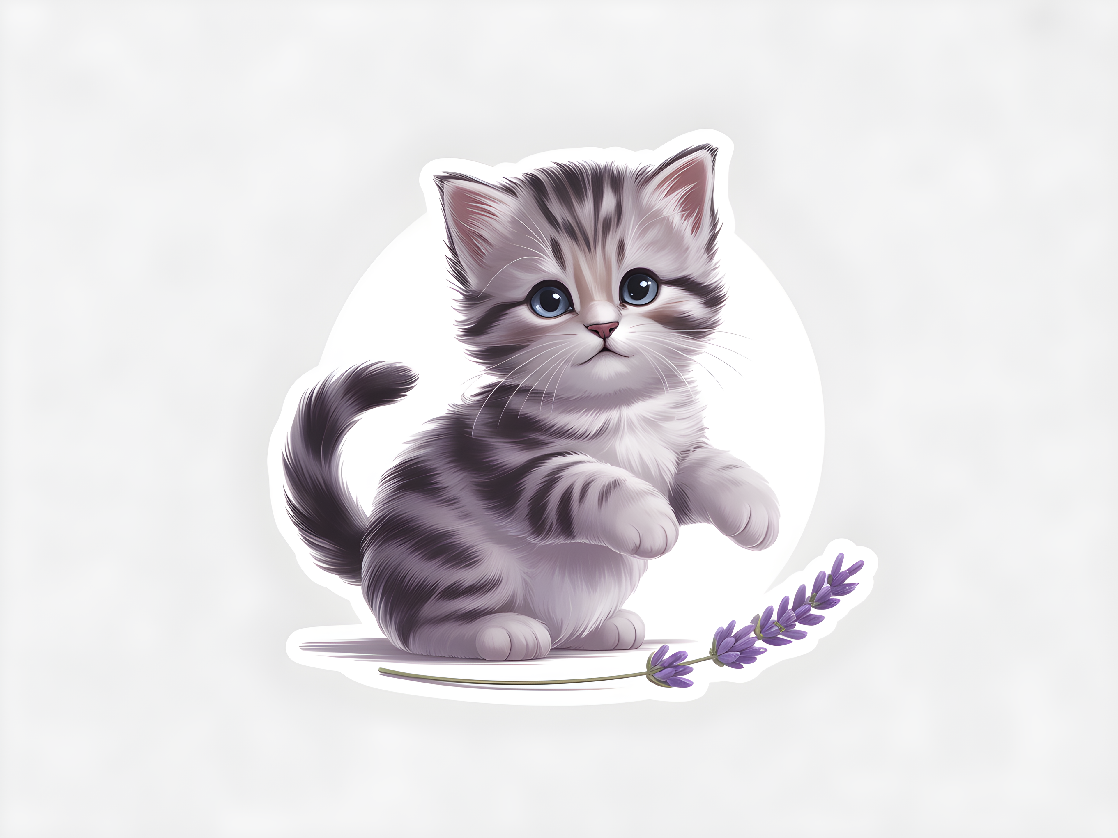 Cute Gray Tabby Kitten with Lavender - Minimalist Wall Art