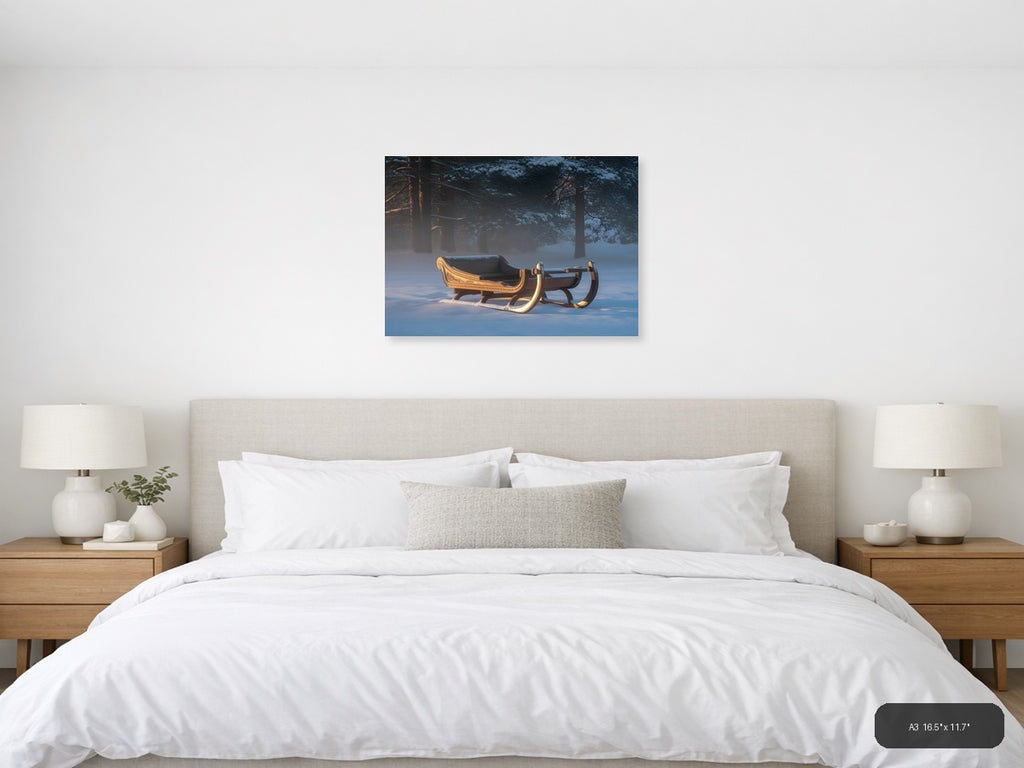 Golden Sleigh in Winter Forest Snow Photography Wall Art — A3 / Bedroom