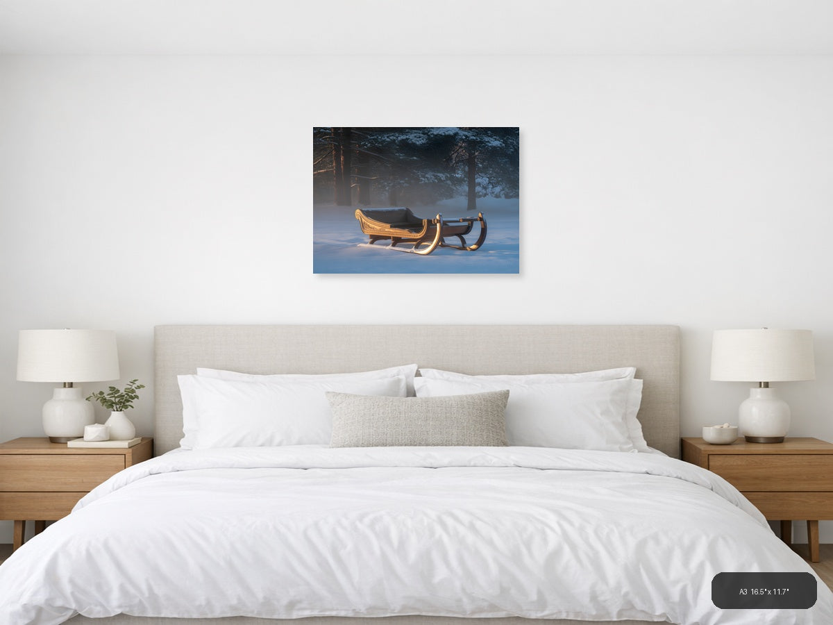 Golden Sleigh in Winter Forest Snow Photography Wall Art — A3 / Bedroom