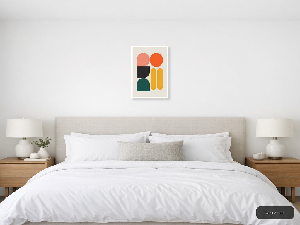 Minimalist Geometric Shapes in Coral, Orange & Teal Wall Art — A3 / Bedroom