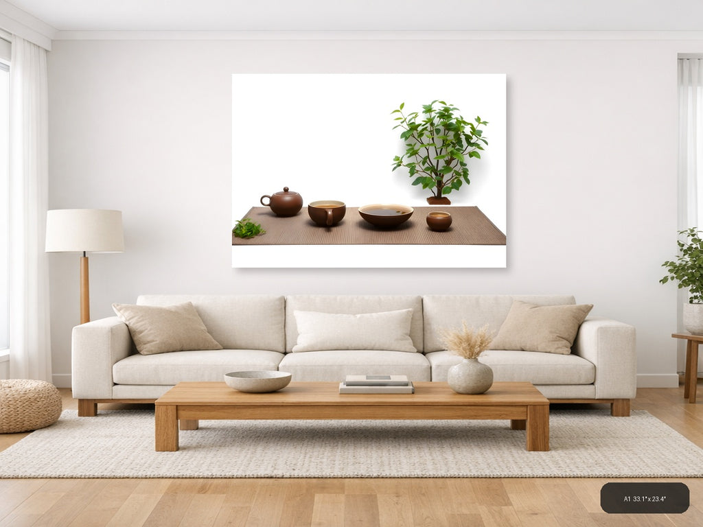 Minimalist Tea Ceremony Setup with Green Plant Wall Art — A1 / Living Room