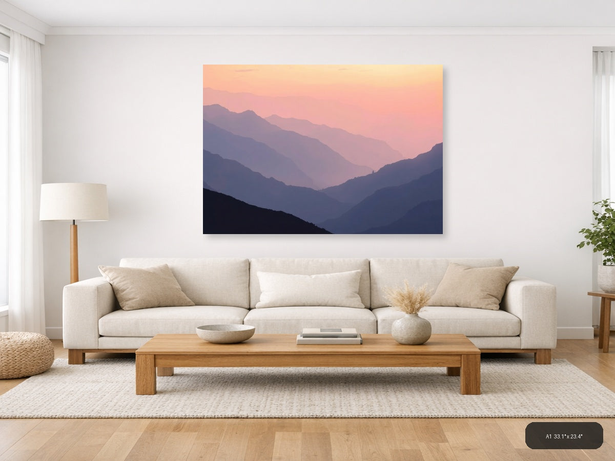 Minimalist Mountain Valley Sunset Pink Sky Wall Art — A1 / Living Room