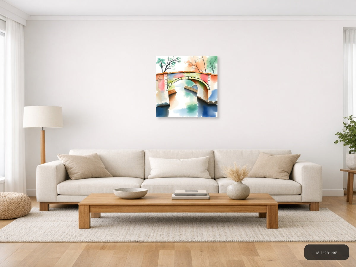 Stone Bridge Over Colorful Water Watercolor Wall Art — A3 / Living Room