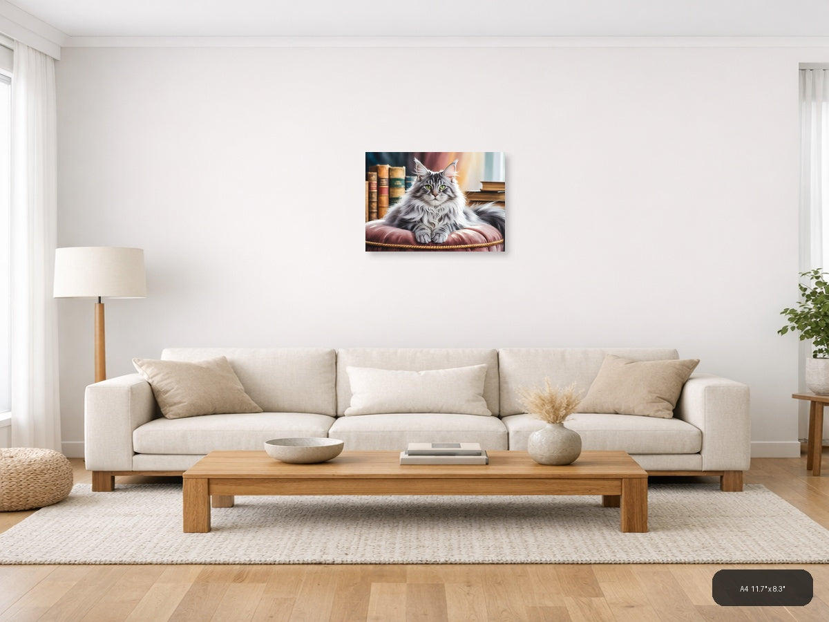 Majestic Long-Haired Cat Library Watercolor Wall Art — A4 / Living Room