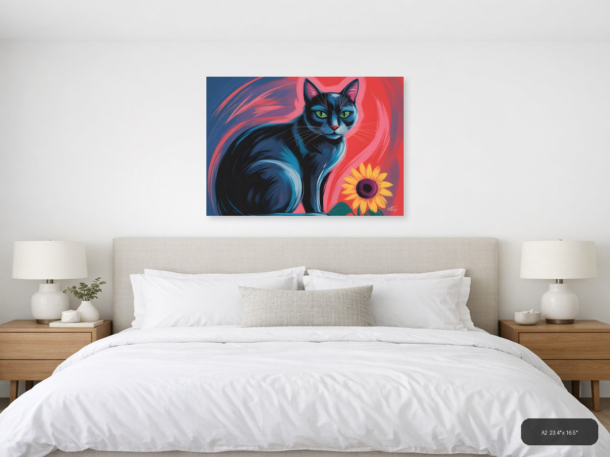 Blue Cat with Sunflower Abstract Pop Art Wall Art — A2 / Bedroom
