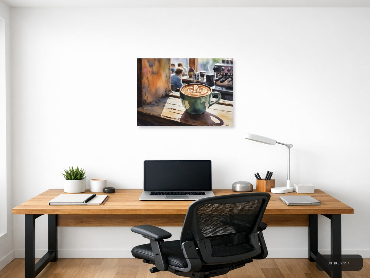 Latte Art Café Window - Watercolor Wall Art — A3 / Office