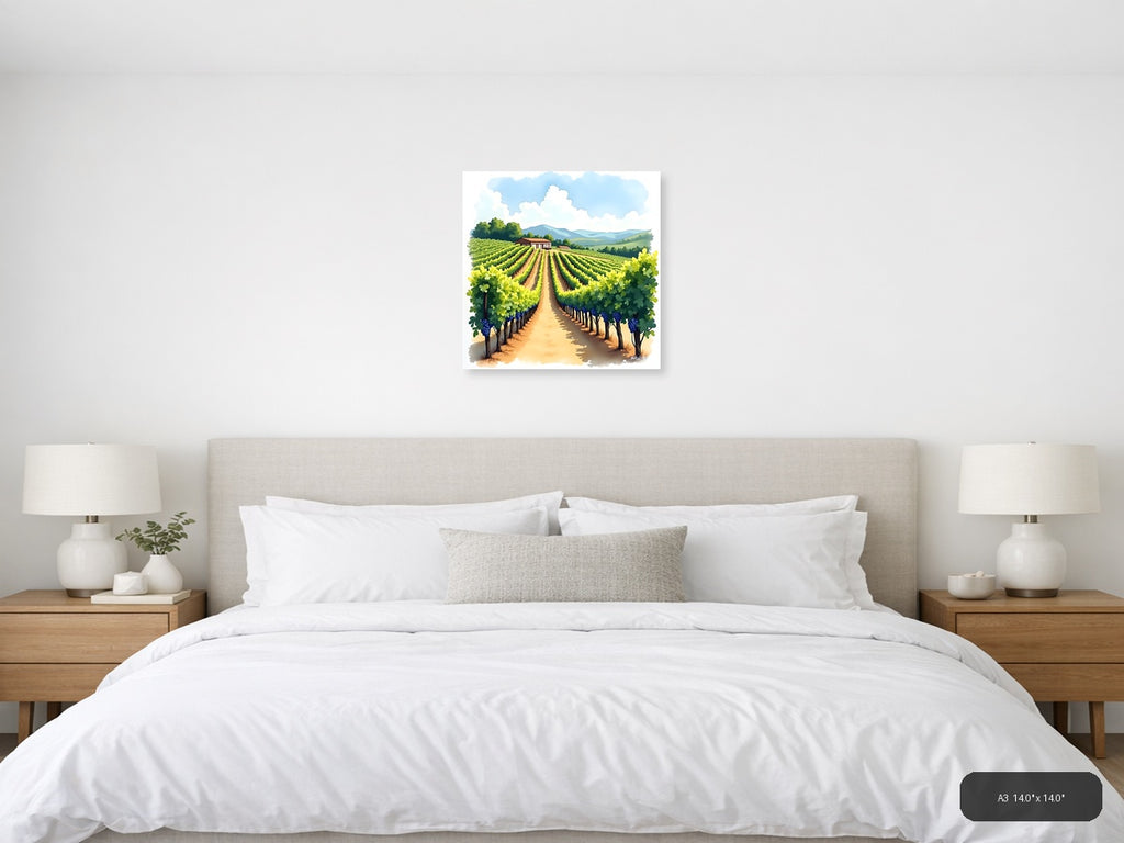 Vineyard Landscape Watercolor Wall Art — A3 / Bedroom