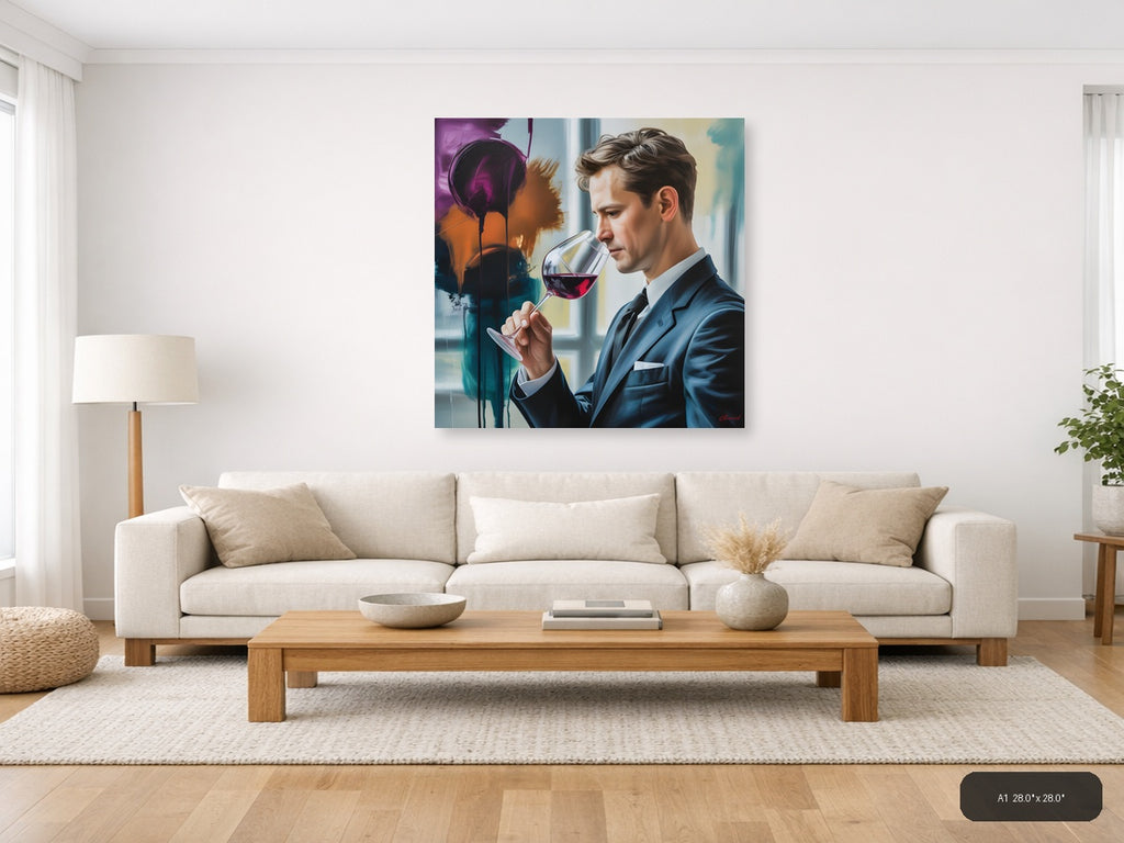 Abstract Wine Tasting Man in Blue Suit Wall Art — A1 / Living Room