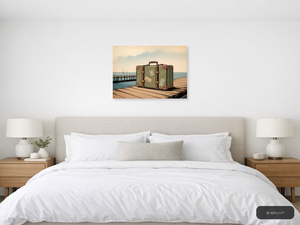 Vintage Suitcase on Dock - Coastal Travel Wall Art — A3 / Bedroom