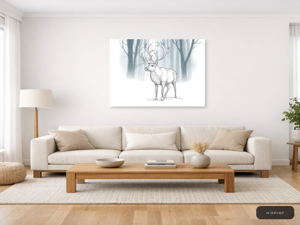 Majestic Deer with Antlers Winter Forest Line Art Wall Art — A2 / Living Room