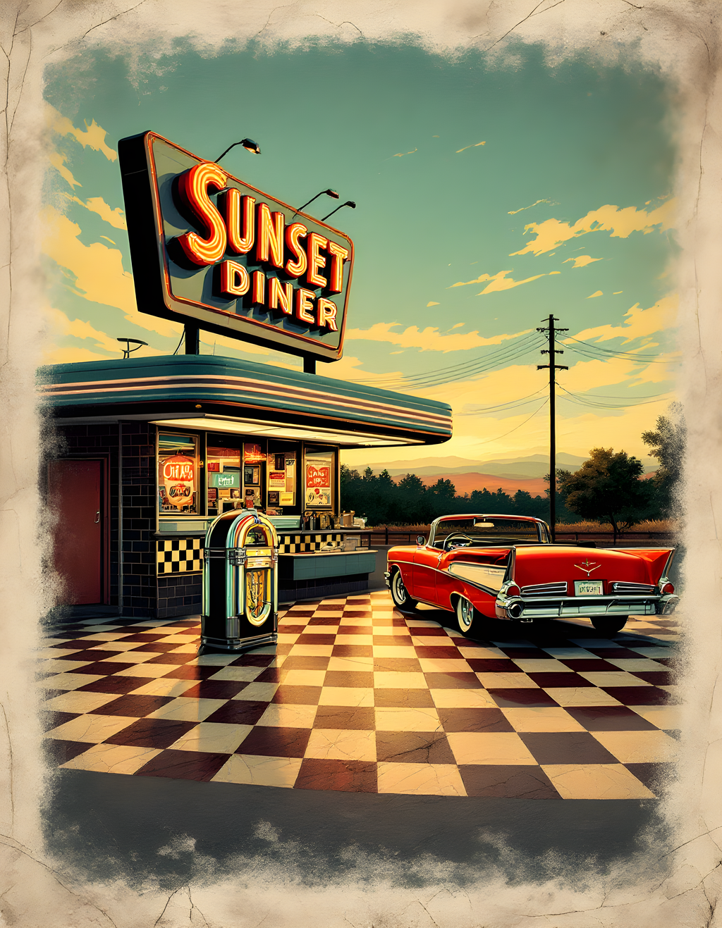 Sunset Diner Vintage Neon Sign 1950s Wall Art