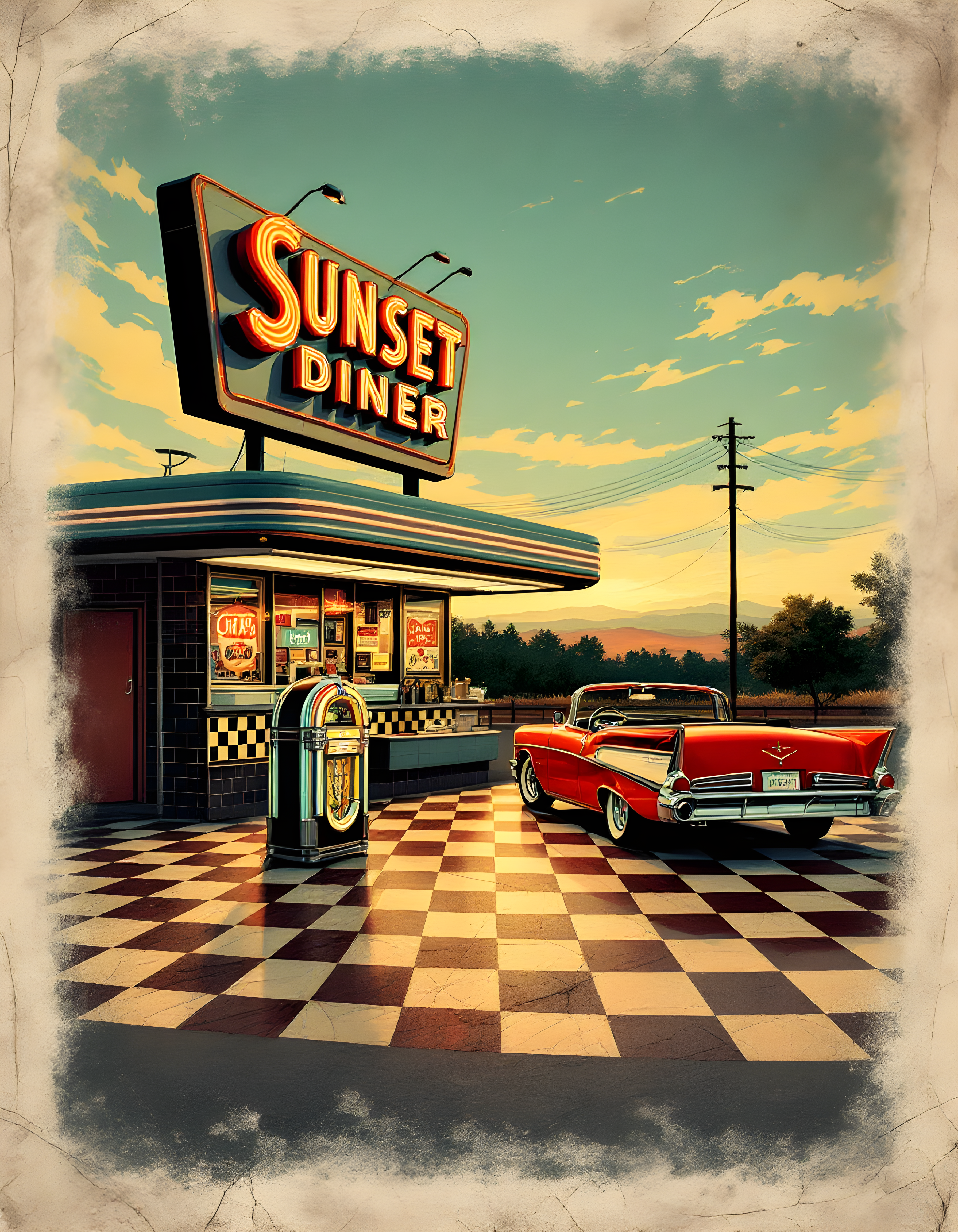 Sunset Diner Vintage Neon Sign 1950s Wall Art