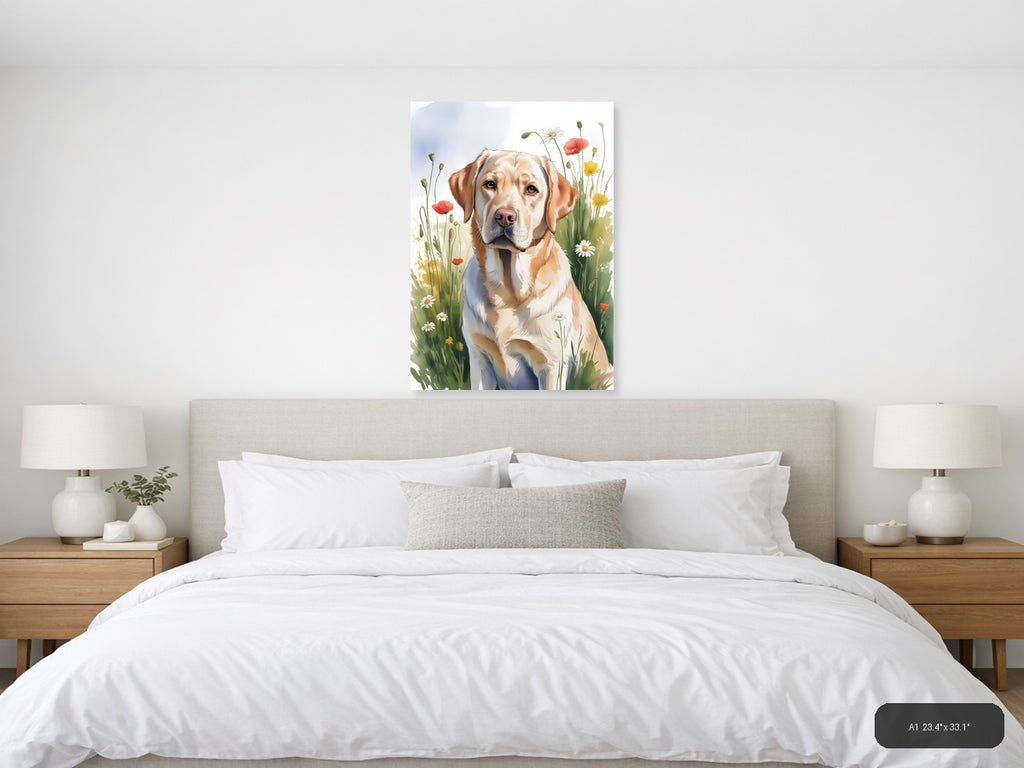 Golden Labrador in Wildflower Garden Watercolor Wall Art — A1 / Bedroom