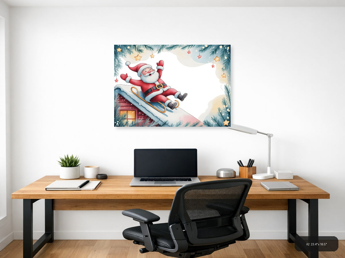 Santa Sledding Watercolor Christmas Wall Art — A2 / Office