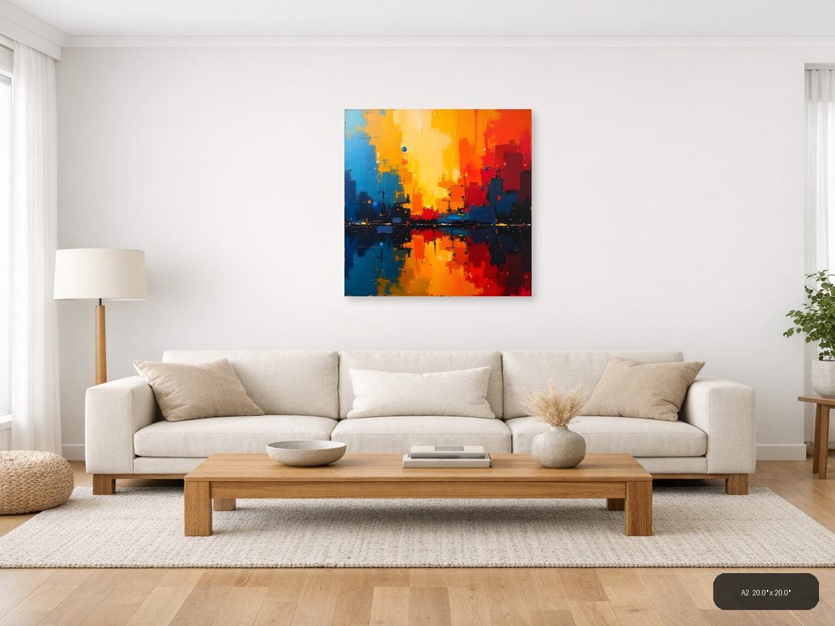 Abstract Cityscape Sunset Reflection Orange Blue Wall Art — A2 / Living Room
