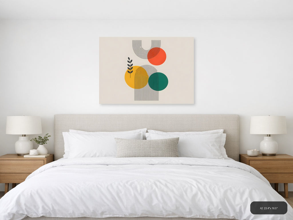 Abstract Line Art with Geometric Circles & Botanical Leaf Wall Art — A2 / Bedroom