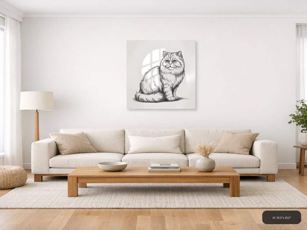 Fluffy Cat with Blue Eyes Line Art Wall Art — A2 / Living Room