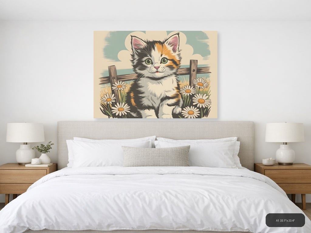 Calico Kitten with Daisies Vintage Wall Art — A1 / Bedroom