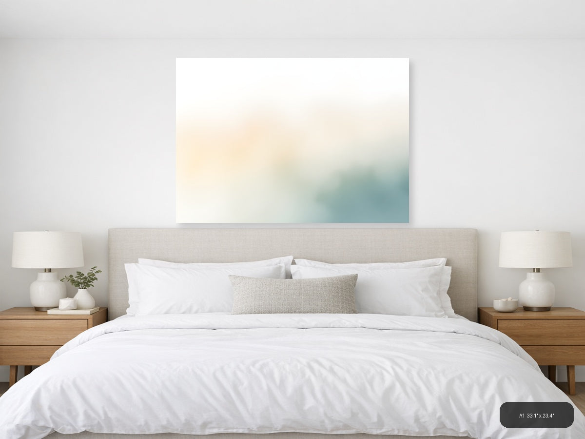 Serene Watercolor Landscape with Soft Teal & Cream Wall Art — A1 / Bedroom