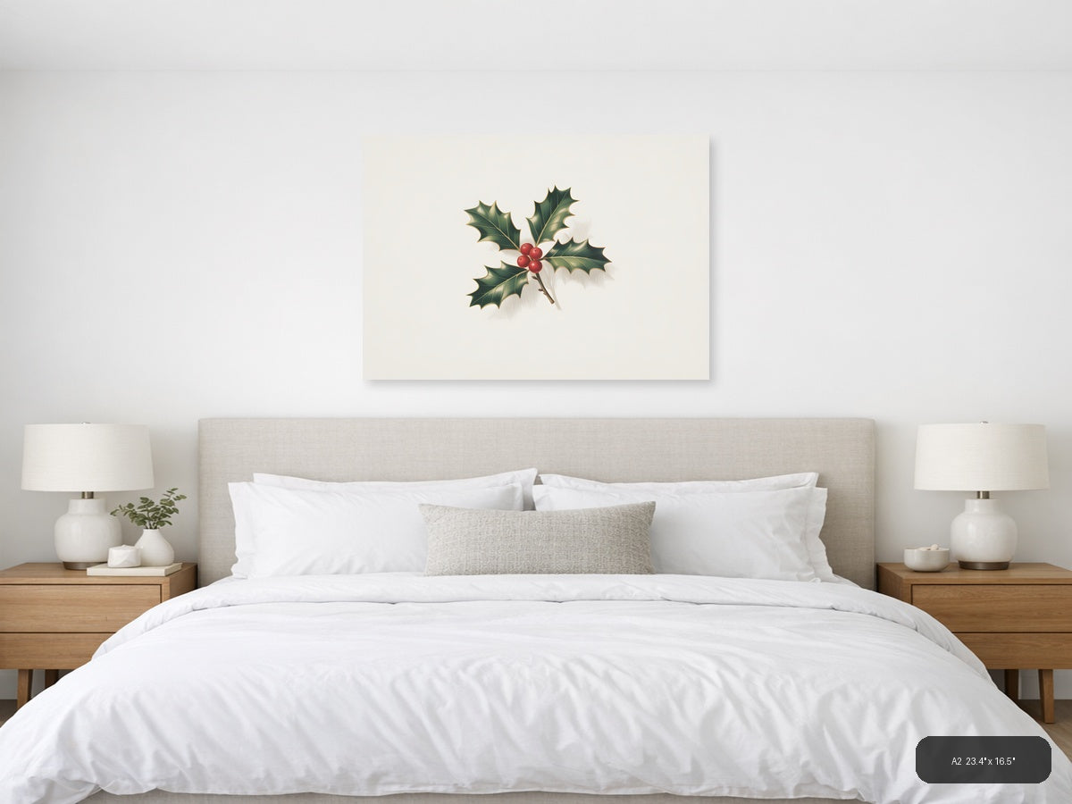 Holly Leaves and Red Berries Minimalist Wall Art — A2 / Bedroom