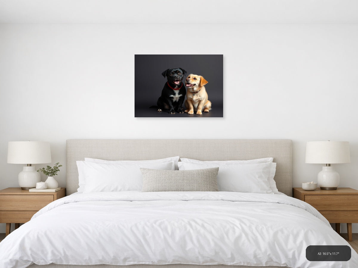 Two Happy Labradors Portrait on Gray | Minimalist Dog Wall Art — A3 (Bedroom)