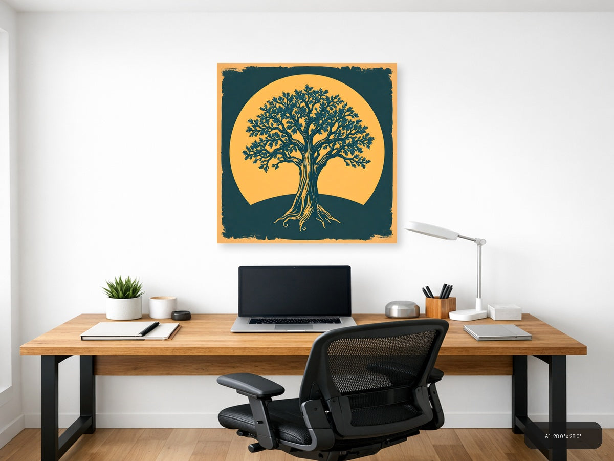 Vintage Tree of Life Against Golden Sun Wall Art — A1 / Office