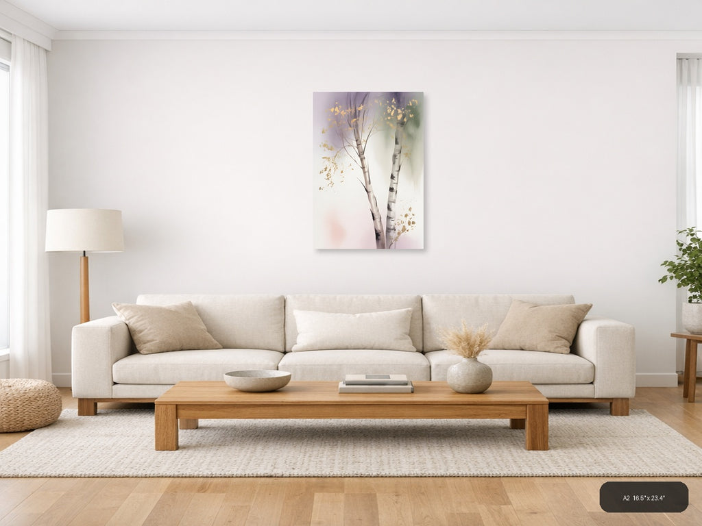 Golden Birch Trees Watercolor Portrait Wall Art — A2 / Living Room