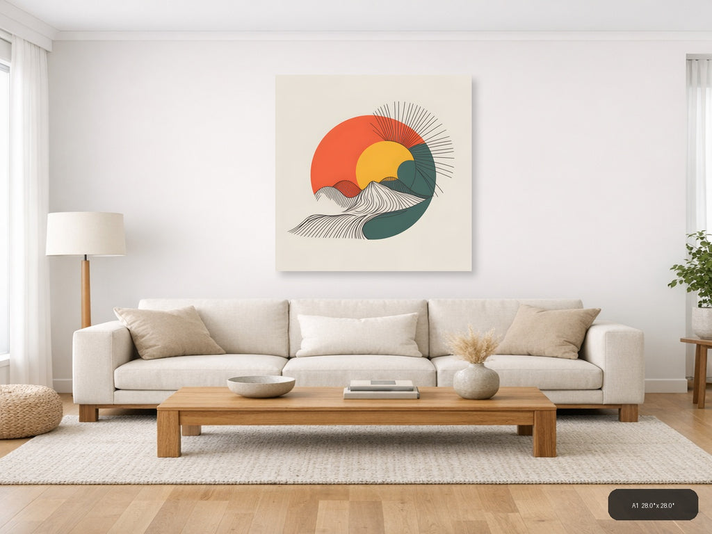 Minimalist Sun and Ocean Wave Line Art Wall Art — A1 / Living Room