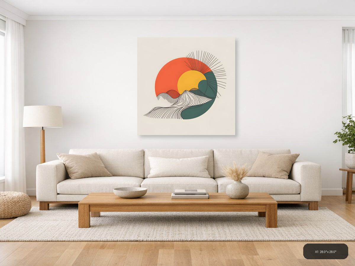 Minimalist Sun and Ocean Wave Line Art Wall Art — A1 / Living Room