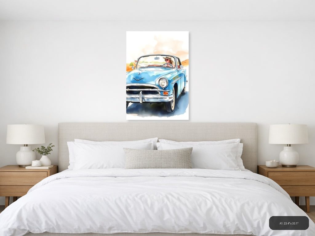 Blue Convertible Car Watercolor Portrait Wall Art — A1 / Bedroom