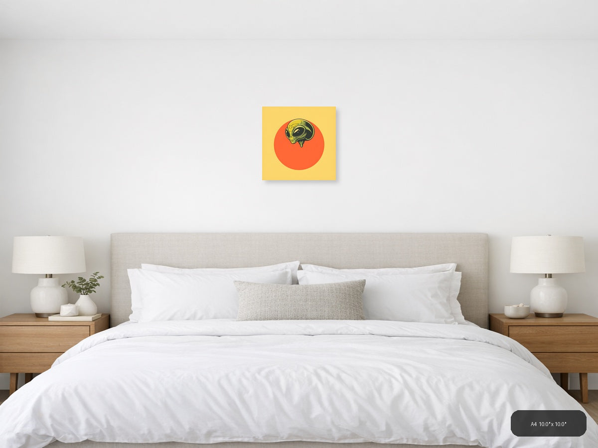 Vintage Alien Head Retro Yellow Orange Wall Art — A4 / Bedroom