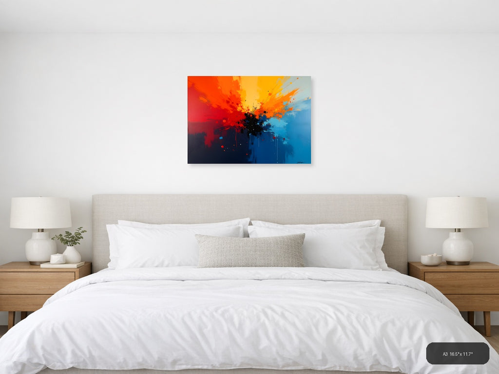Abstract Explosion Blue Orange Red Splatter Wall Art — A3 / Bedroom